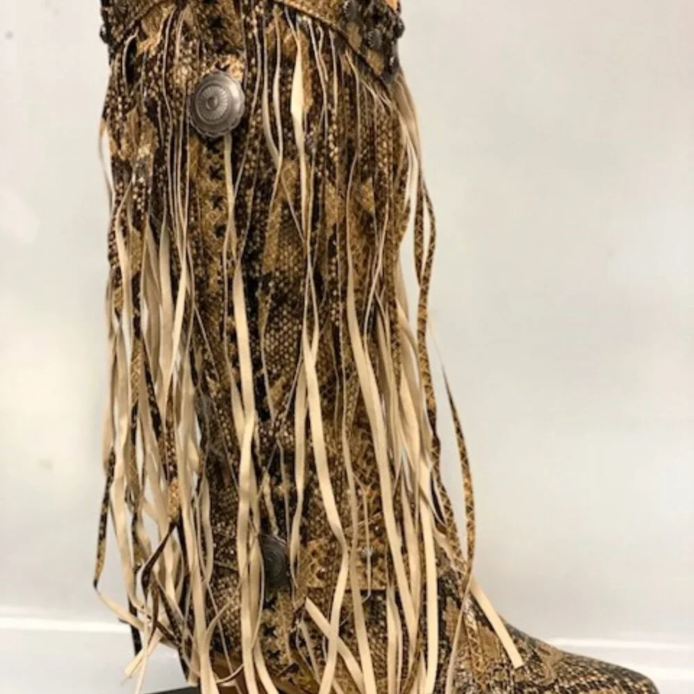 Brown Snake Fringed Cowboy Boots by L&B - Picture 2 of 6